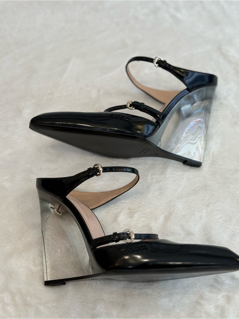 Gucci Black Patent Leather Pointed-Toe Clear Wedge Mules - Picture 9 of 12